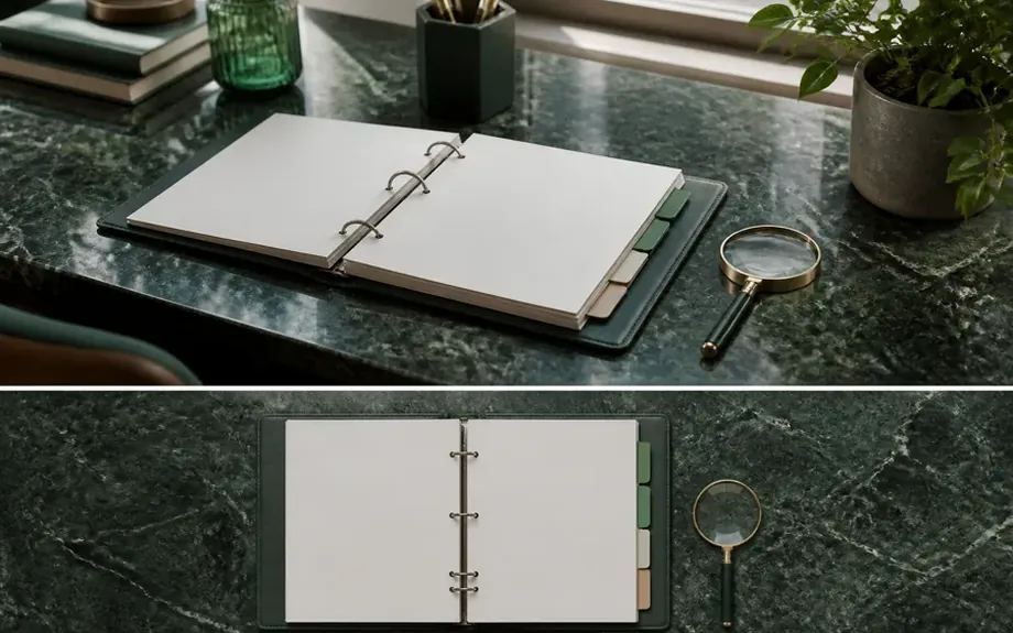 An open ring binder with tabbed dividers beside a magnifying glass