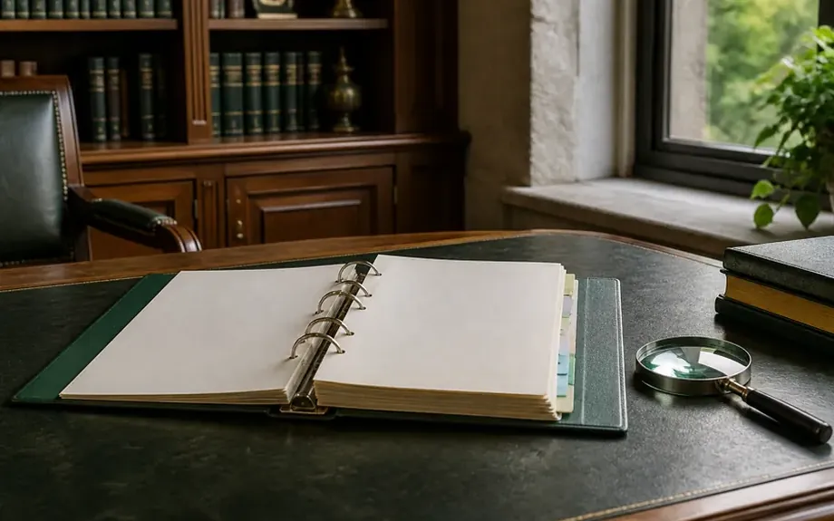 An organised overview of printed documents fanned out on a desk
