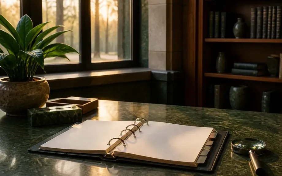 An organised overview of printed documents fanned out on a desk