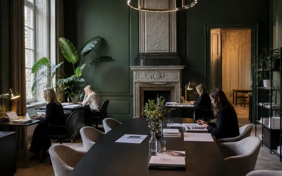 A meeting room in an older building, people working at laptops