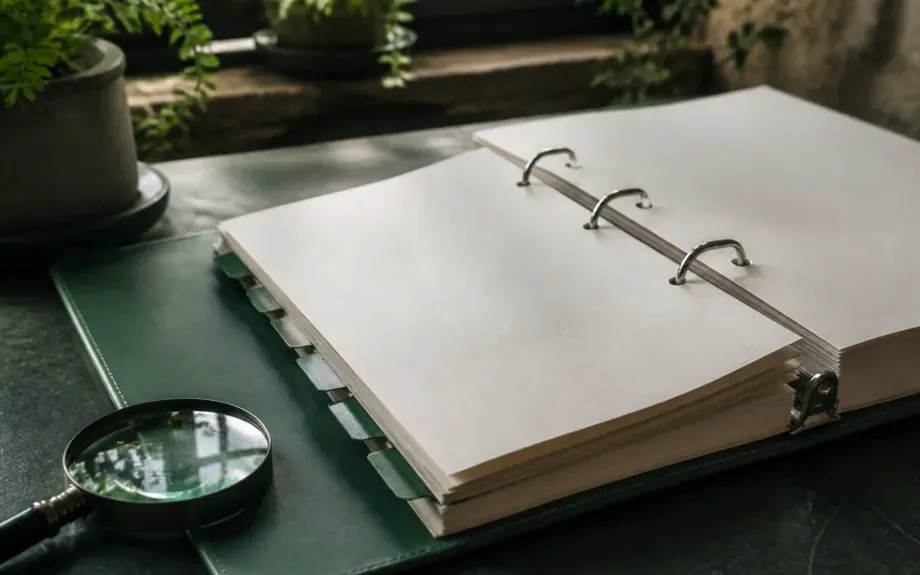 An open ring binder with tabbed dividers beside a magnifying glass