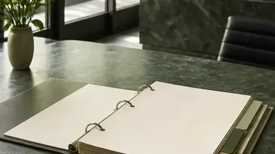 An open ring binder with tabbed dividers beside a magnifying glass