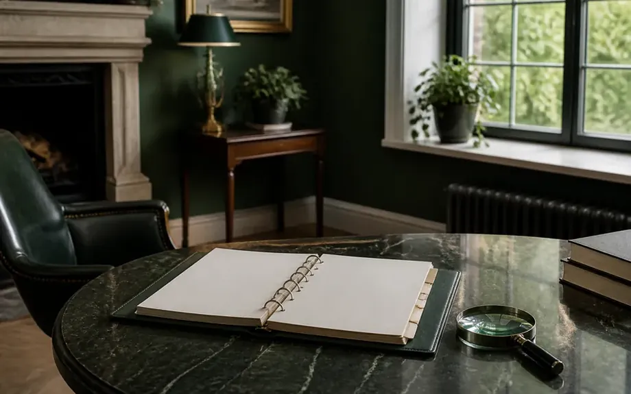 An open ring binder with tabbed dividers beside a magnifying glass
