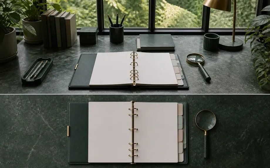 An open ring binder with tabbed dividers beside a magnifying glass