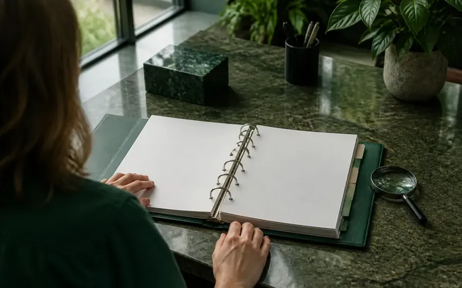 An open ring binder with tabbed dividers beside a magnifying glass
