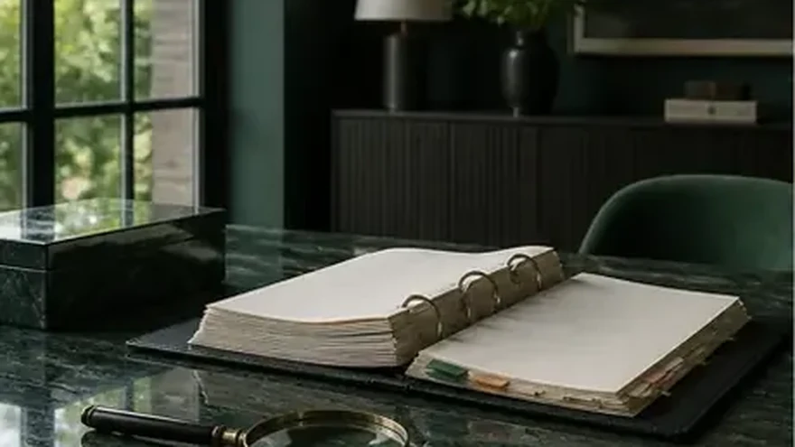 An open ring binder with tabbed dividers beside a magnifying glass