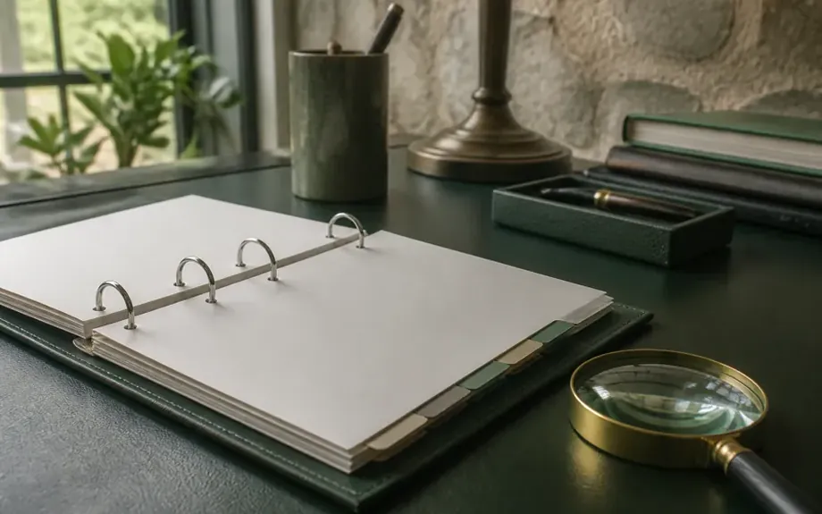 An organised overview of printed documents fanned out on a desk