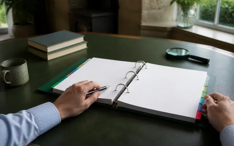 An organised overview of printed documents fanned out on a desk