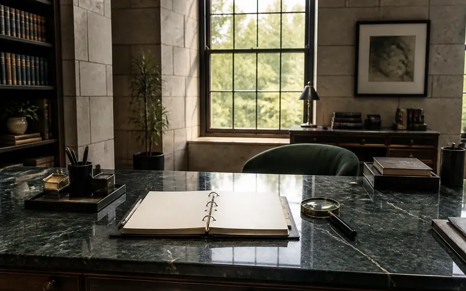An organised overview of printed documents fanned out on a desk