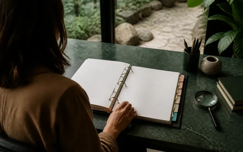 An open ring binder with tabbed dividers beside a magnifying glass
