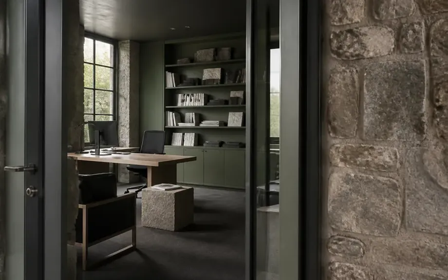 A workplace interior that suggests a specific industry, seen from the doorway