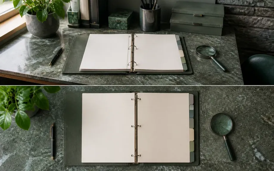 An open ring binder with tabbed dividers beside a magnifying glass