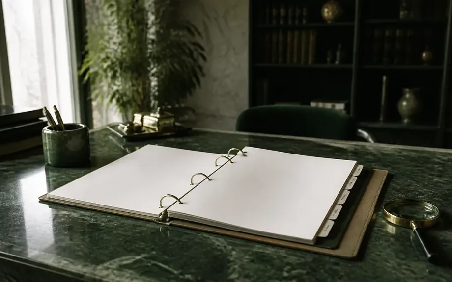 An open ring binder with tabbed dividers beside a magnifying glass