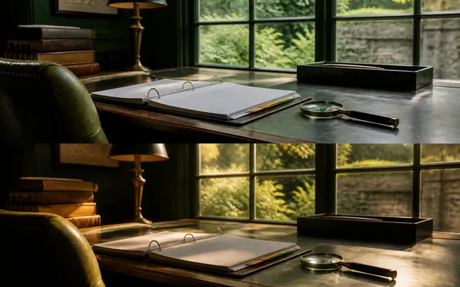 An open ring binder with tabbed dividers beside a magnifying glass
