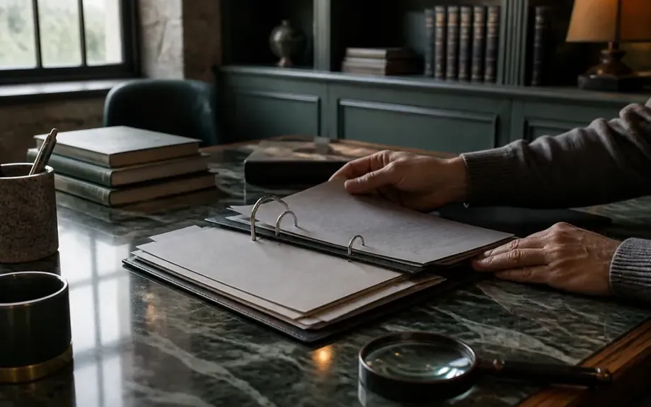 An open ring binder with tabbed dividers beside a magnifying glass