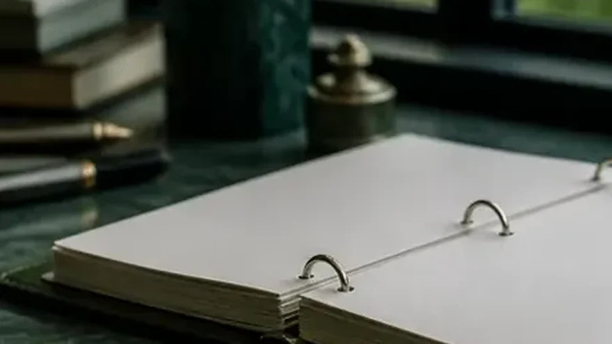 An open ring binder with tabbed dividers beside a magnifying glass