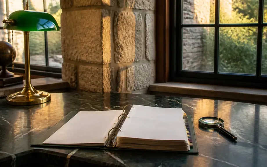 An organised overview of printed documents fanned out on a desk