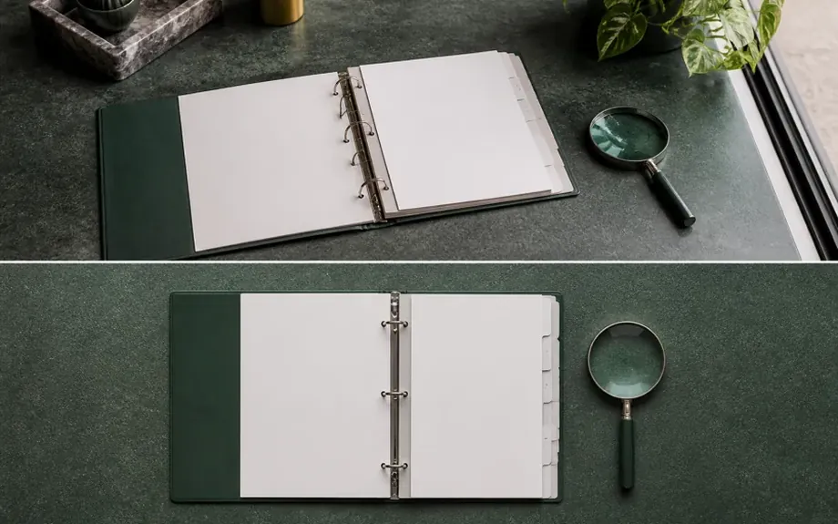 An open ring binder with tabbed dividers beside a magnifying glass