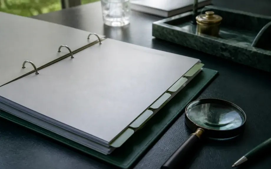 An open ring binder with tabbed dividers beside a magnifying glass