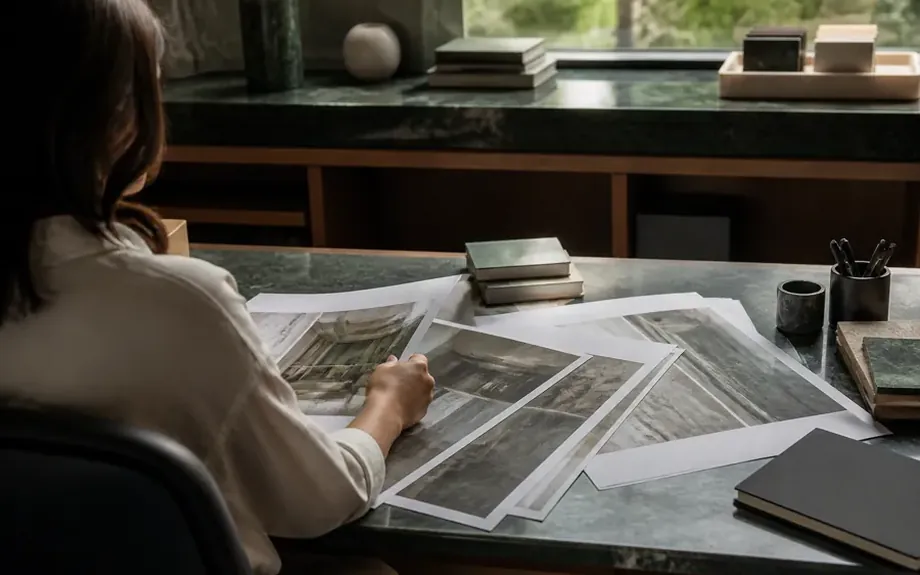 An organised overview of printed documents fanned out on a desk